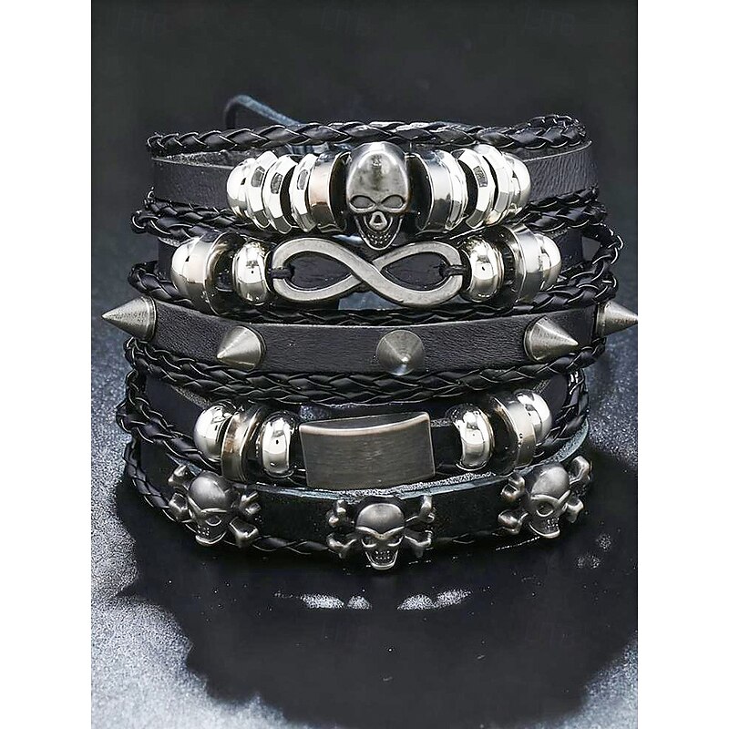 Men's Halloween Skull Leather Bracelet Set – Gothic Punk Multi-Layer Wrap Wristbands with Spikes and Charms for Party, Cosplay and Nightlife Fashion3