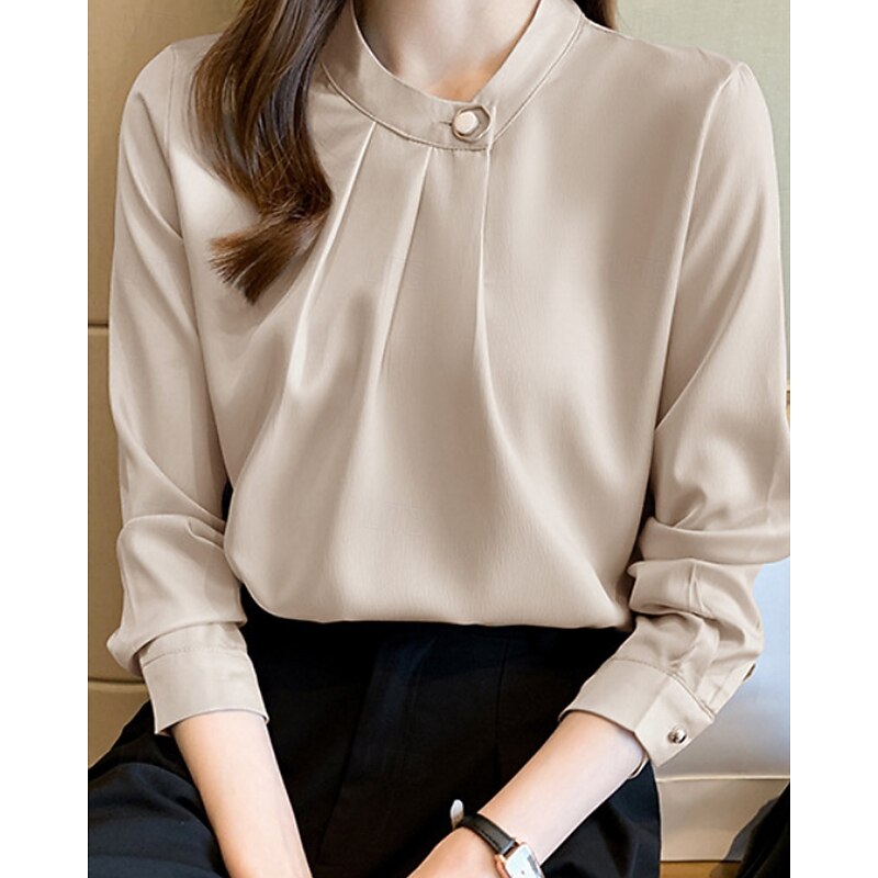 Women's Shirt Elegant Dressy Satin Plain Stylish Formal Long Sleeve V Neck Regular Tops Work Going out Ruched Buttons White Champagne Blue Gray Spring Fall2