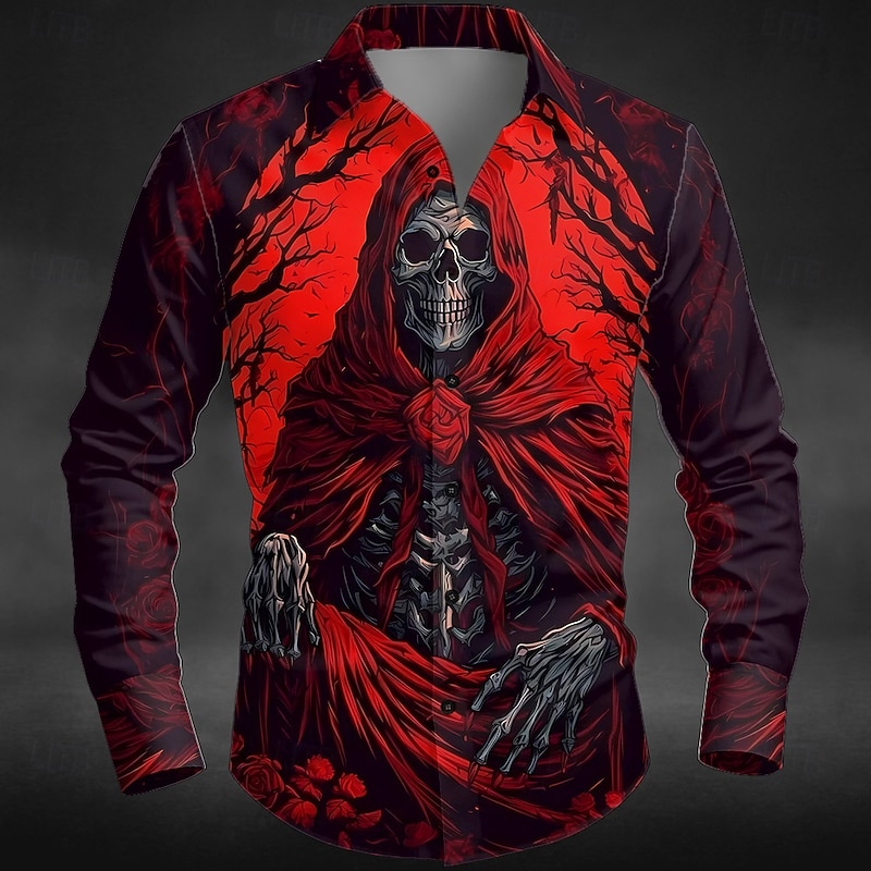 Men's Skull Floral / Flower Day of the Dead Shirt Button Up Shirt Long Sleeve Dark Punk Gothic Style Outdoor Holiday Summer Spring Turndown 3D Print Collared Shirts Red Purple