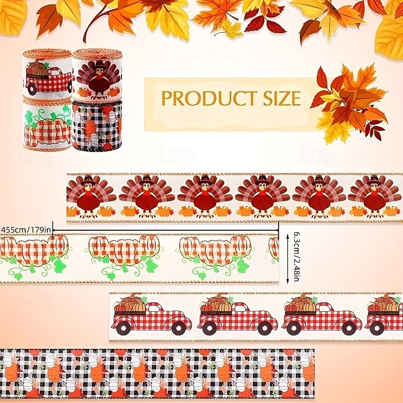5 Yards Fall Thanksgiving Ribbon, Harvest Season Orange Pumpkin Plaid Ribbon, Fall Wired Edge Farmhouse Ribbons, DIY Bows, Wreaths, Crafts, Gift Wrapping, 8 Styles2
