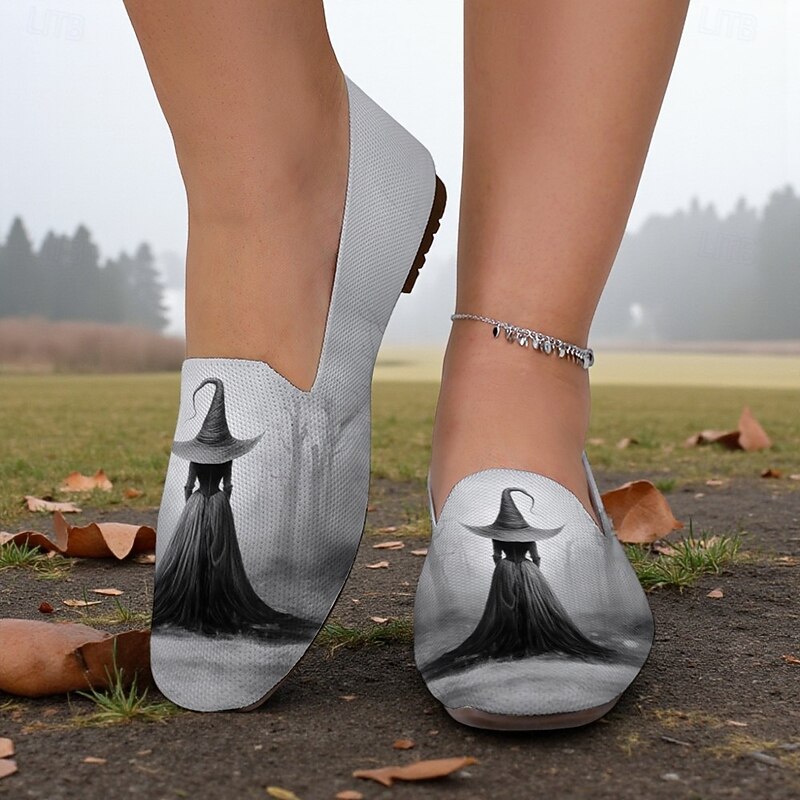 Women's Gray Casual Flats with Gothic Witch Print – Vintage Halloween Witch Style Shoes for Halloween Party, Casual Wear and Walking