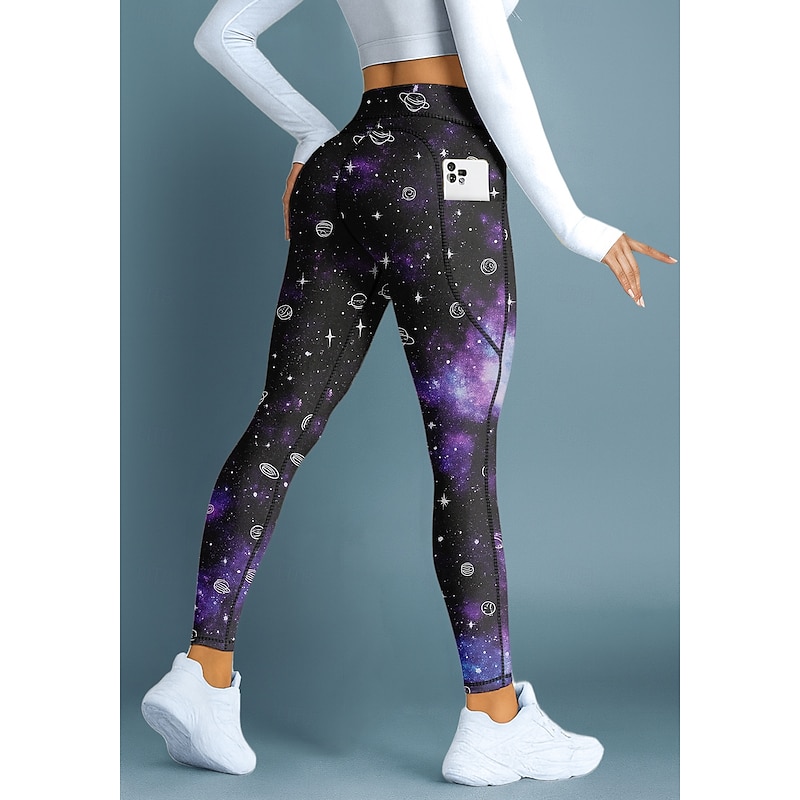 Women's pilates leggings fitness pants Gym Leggings Pockets Stamp Duty Side Pockets Pilates Gym Gym Workout Pants Tights Leggings Galaxy Star Print Purple Sports Activewear Stretchy Tight Fit2