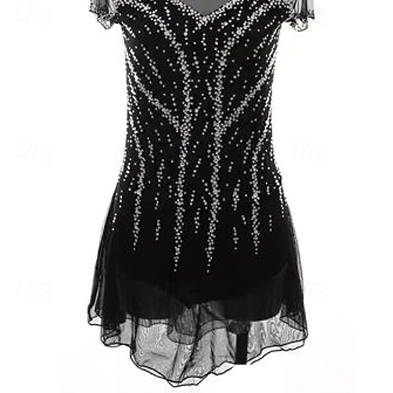 Figure Skating Dress Women's Girls' Ice Skating Dress Black Patchwork Thumbhole Spandex Mesh Stretchy Training Practice Professional Skating Wear Thermal Warm Crystal / Rhinestone Long Sleeve Ice3