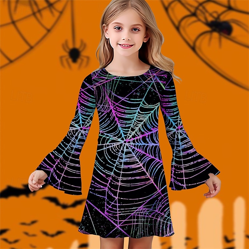 Halloween Girls' 3D Graphic Dress Ruffle Dress Long Sleeve Summer Spring Vacation Daily Holiday Beautiful Sweet Kids 4-12 Years Casual Dress Knee-length Regular Fit