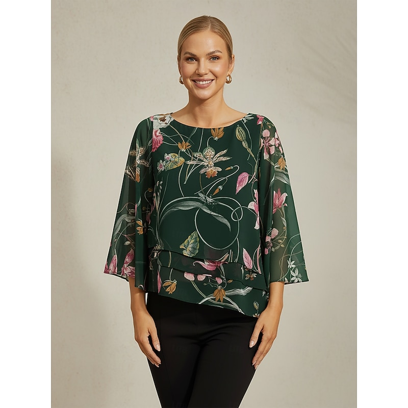 Women's Blouse Sheer Chiffon Green Floral Print Half Sleeve Layered Hem Round Neck Pullover2