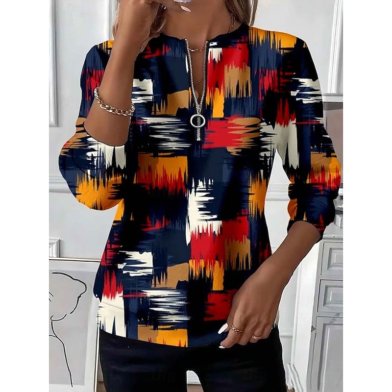 Women's Pullover Sweatshirt Zip Up Sweatshirts Graphic Geometric Color Block Fashion Casual Long Sleeve Crew Neck Regular Tops Street Dailywear Patchwork Zipper Print Black Purple Orange Gray Fall4
