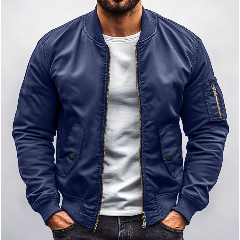 Men's Bomber Jacket Military Jacket Formal Home Windbreaker Pocket Plain Spring Fall Solid Color Active Neutral Collarless Short Black Blue Green Jacket3