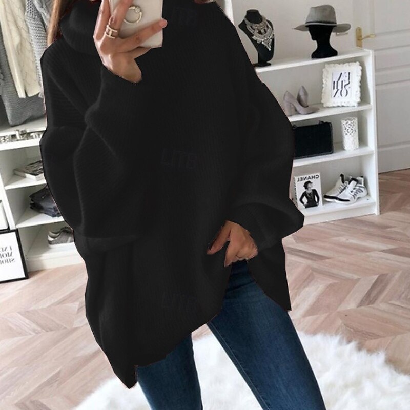 Women's Sweater Pullover Streetwear Casual Solid Color Turtleneck Knitted Long Sleeve Regular Tops Knit Daily Holiday Going out Black White Fall Winter3