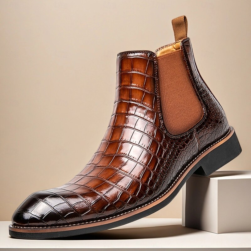 Men's Crocodile Pattern Chelsea Boots – Brown Slip-On Ankle Boots with Elastic Side Panels, Business Casual Style for Office, Wedding and Formal Occasions