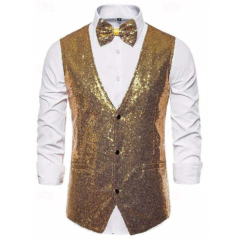 Men's Vest V Neck Party Solid Colored Black Silver Gold Tailored Fit2