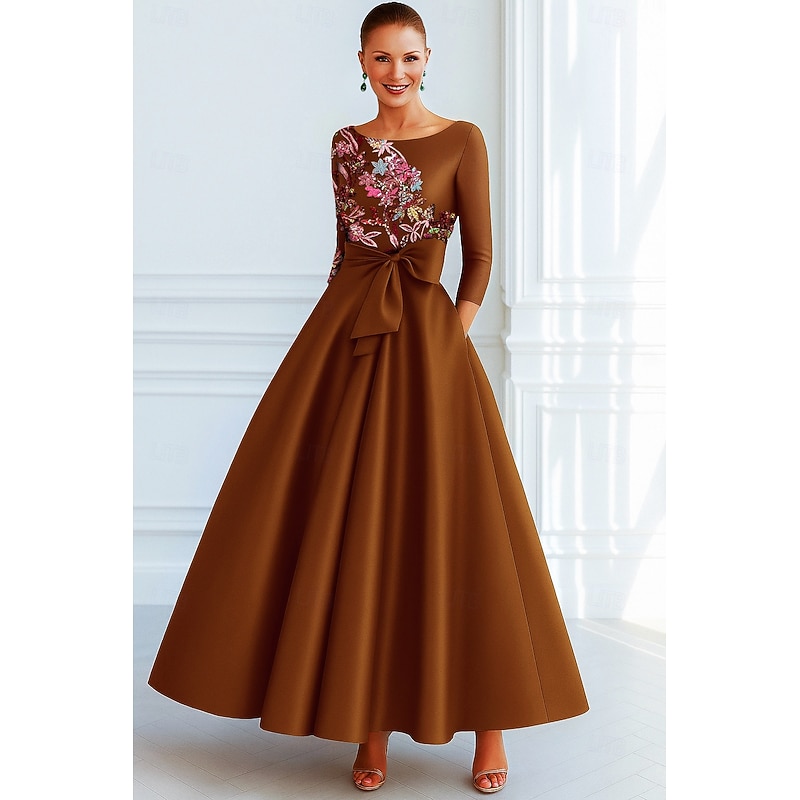 Black Brown Red A-Line Evening Gown Elegant Formal Dress Formal Wedding Floor Length Long Sleeve Pocket Stretch Satin with Glitter Bow(s) Pocket 2025