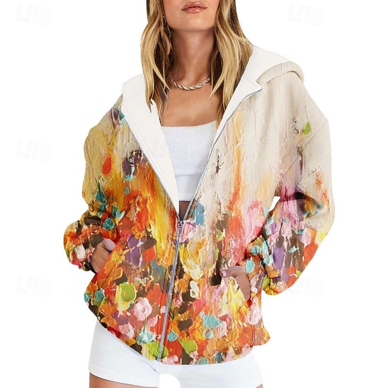 Women's Casual Jacket Comfortable Pocket Print Sports Fashion Outdoor Flower Casual Daily Weekend Zipper Regular Hooded Regular Fit Long Sleeve Outerwear Blue Sky Blue Orange Spring Fall