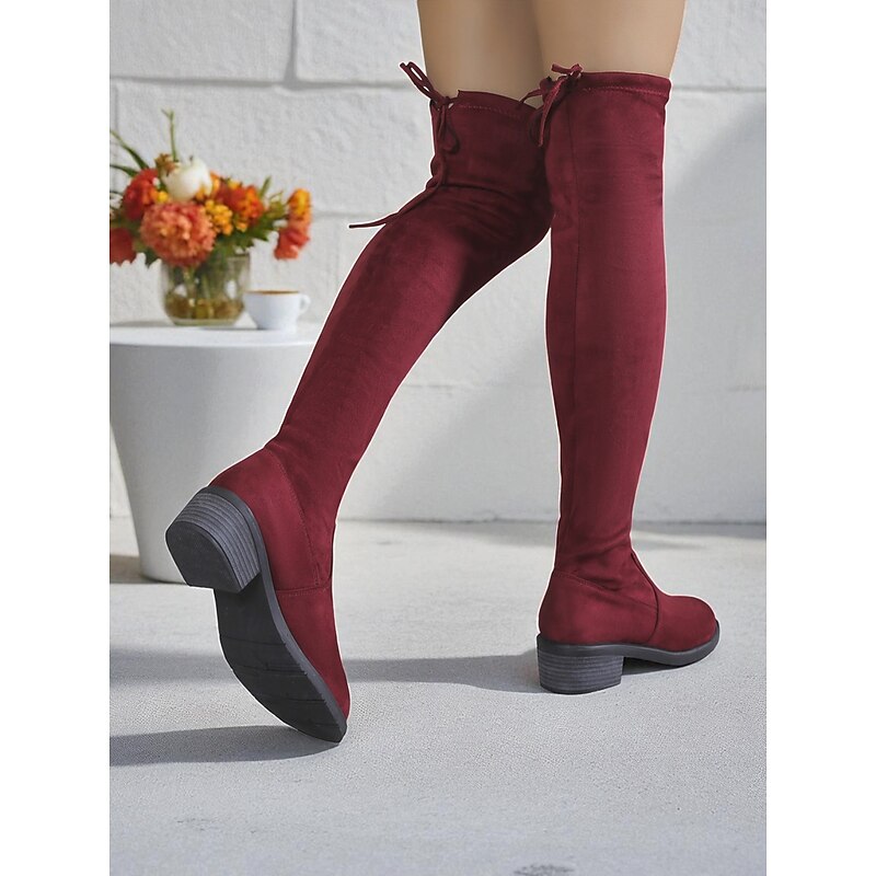Women's Burgundy Over-the-Knee Faux Suede Boots – Stretchy Block Heel Tall Boots for Autumn Winter Fashion and Daily Outfits3