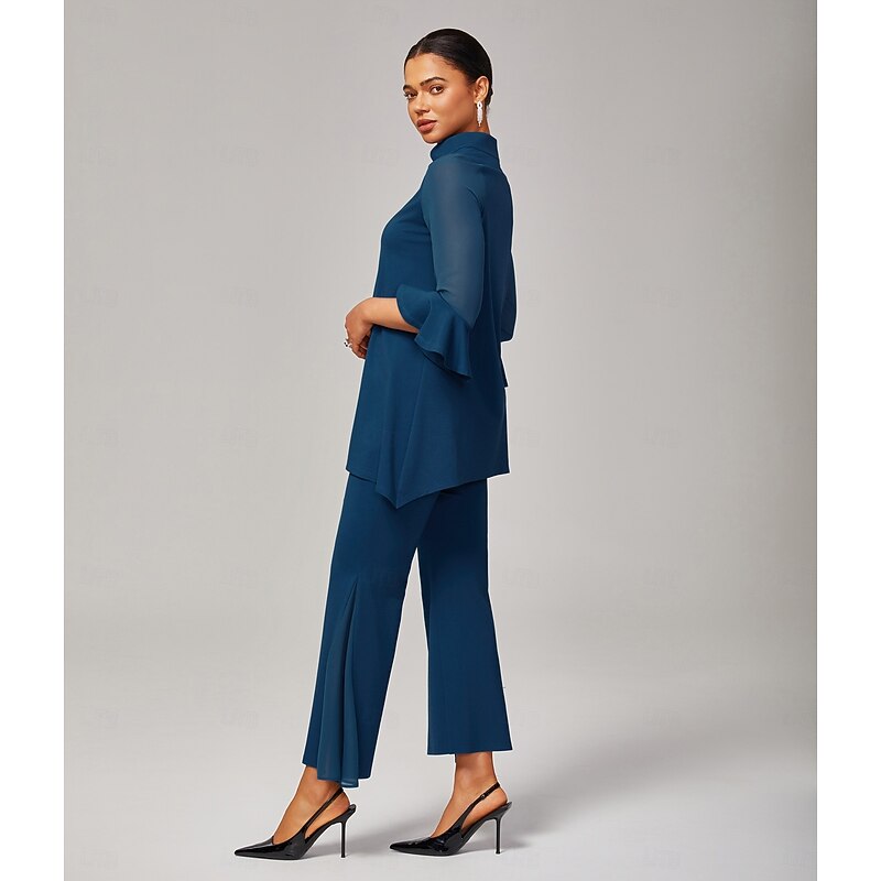 Women's Dark Blue ButterFlex Modal Bell-Bottom Pants with WhisperFlow Chiffon Sheer Panels Flared Leg Stretch Waist Elegant Comfortable Daily Work Fall3