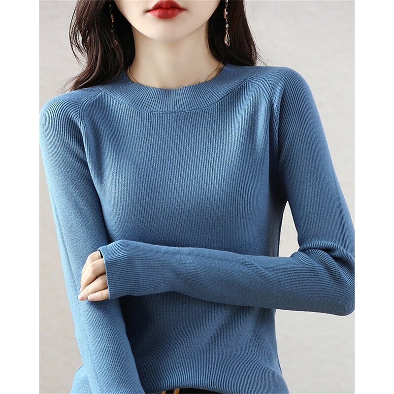 Women's Sweater Pullover Elegant Fashion Streetwear Pure Color Ribbed Crew Neck Knitted Long Sleeve Regular Tops Knit Outdoor Daily Weekend White Red Fall Winter4