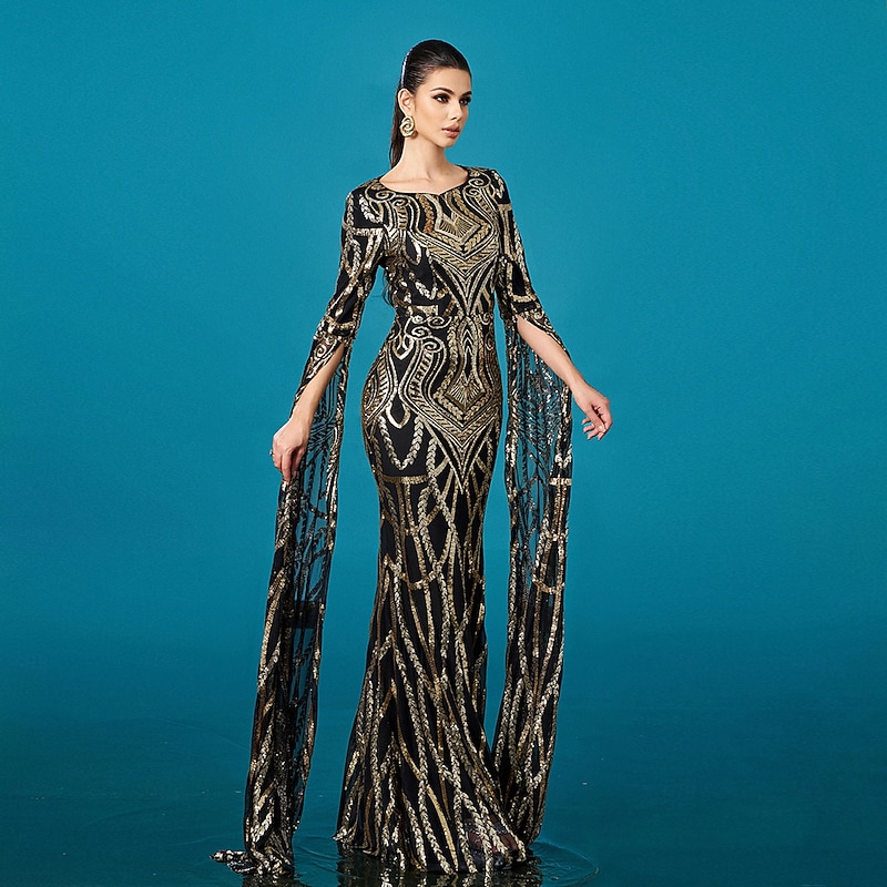 Mermaid / Trumpet Evening Gown Elegant Formal Dress Formal Wedding Floor Length Long Sleeve Crew Neck Tulle with Floral Print Ruched Sequin 20254