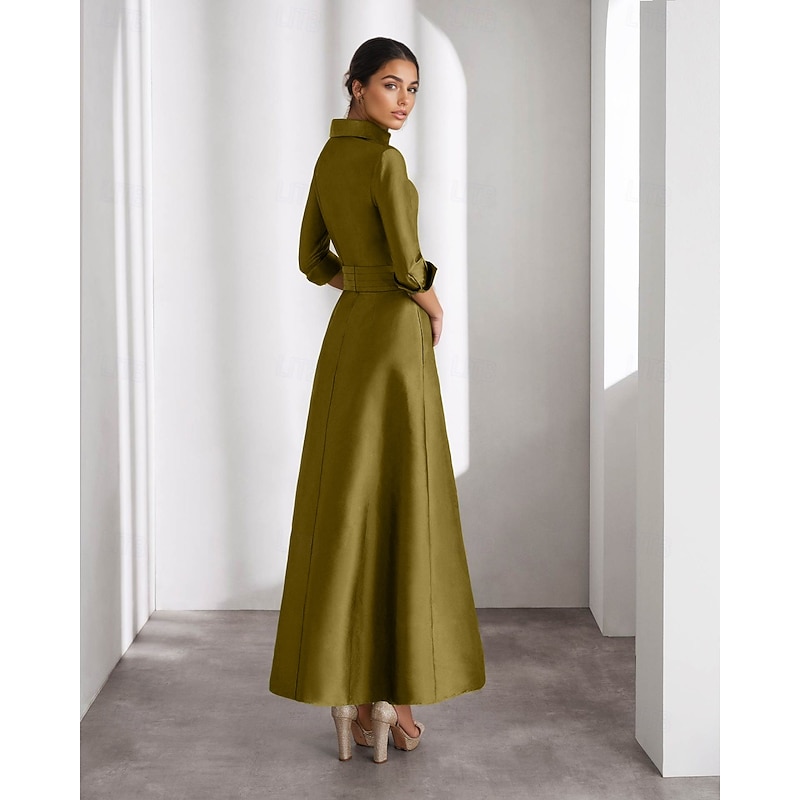 A-Line Mother of the Bride Cocktail Dresses Elegant Formal Wedding Guest Ankle Length Long Sleeve Shirt Collar Taffeta with Slit2