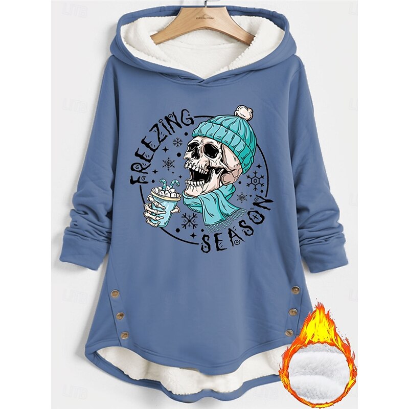 Women's Pullover Hoodie Sweatshirt Graphic Skull Letter Warm Casual Long Sleeve Hooded Long Tops Street Dailywear Casual Buttons Print Black Pink Blue Gray Fall Winter