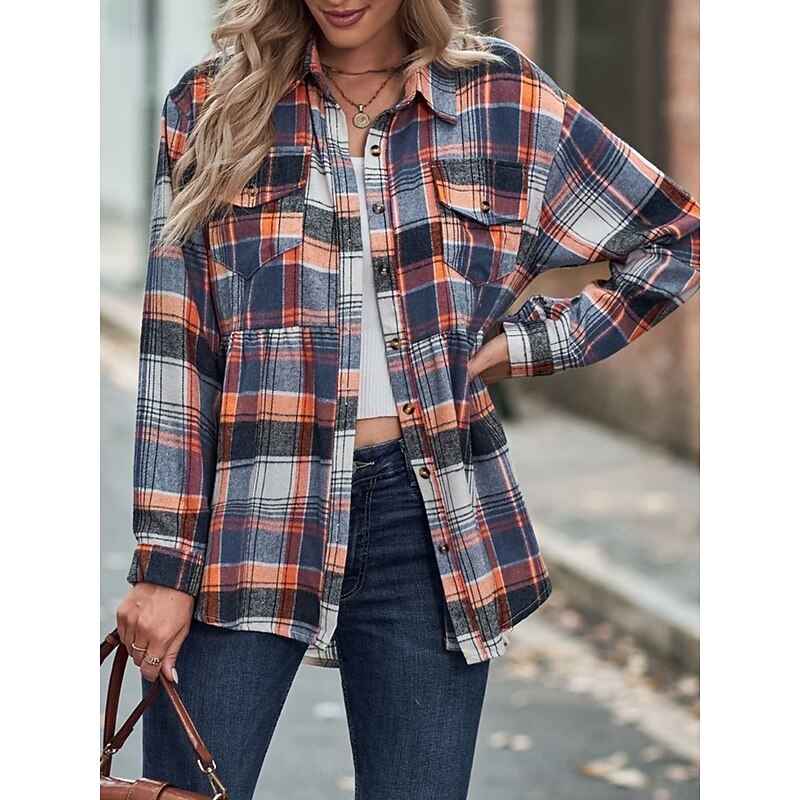 Women's Casual Jacket Shacket Comfortable Breathable Pocket Buttons Print Casual Plaid Vacation Street Casual Daily Wear Single Breasted Regular Turndown Regular Fit Long Sleeve Outerwear Yellow Pink