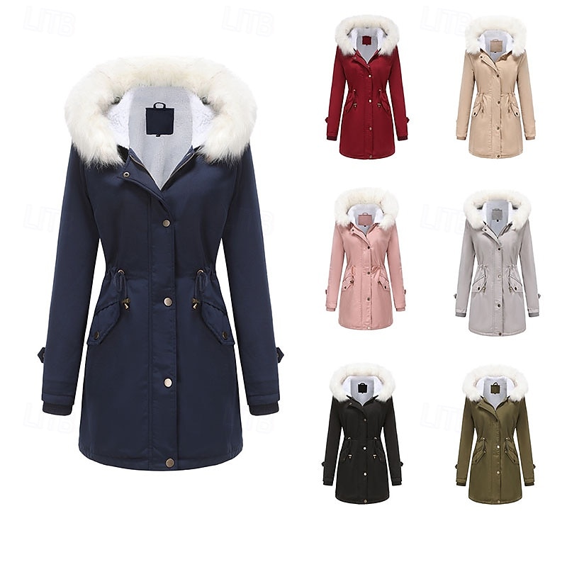Women's Parka Warm Comfortable Zipper Pocket With Belt Fur Collar Casual Solid Color Vacation Street Casual Daily Wear Long Hooded Regular Fit Long Sleeve Outerwear Black Pink Wine Winter