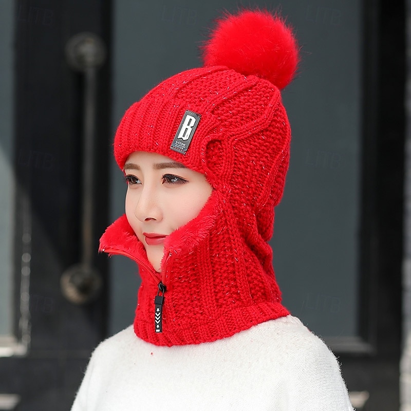 Winter Siamese Windproof Hat Women Warm Knit Beanie Scarf Set Fleece Lined Thickened Full Cover Hat Neck Warmer Outdoor Cycling Cold Weather Protective Cap3