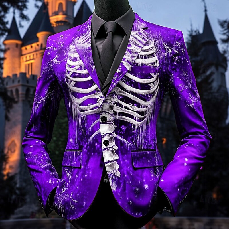 Men's Skeleton Blazer Jacket Comfortable Casual Dark Party Evening Wear Daily Festival 3D Print Buttons Multi Pocket Spring Fall & Winter Notch Long Sleeve Red Blue Purple2