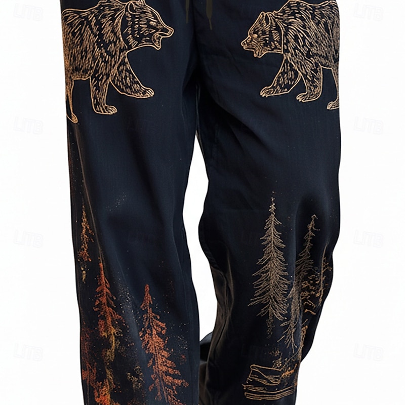 Men's Bear Forest Pants Trousers Casual Pants Mid Waist Drawstring Elastic Waist Vintage Retro Outdoor Camping & Hiking Hunting Straight Leg Trousers Spring Fall 3D Print Brown Green Dark Blue4