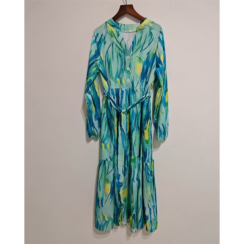 Women's Midi Dress Casual Dress Print Dress Elegant Fashion Modern Outdoor Daily Going out Regular Fit Graphic Long Sleeve V Neck Blue Spring Autumn2