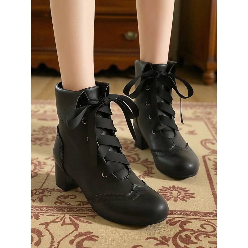 Women's White Faux Leather Lace-Up Ankle Boots – 1950s Vintage Brogue Heeled Footwear with Ribbon Laces for Lolita Fashion, Cosplay and Daily Outfits2