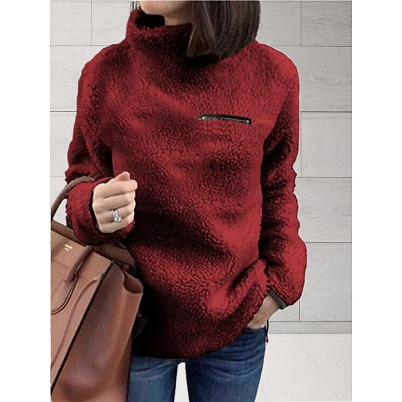 Women's Blouse Solid Color Stylish Casual Long Sleeve High Neck Regular Tops Daily Zipper Pink Wine Army Green Apricot Gray Spring Fall Winter3