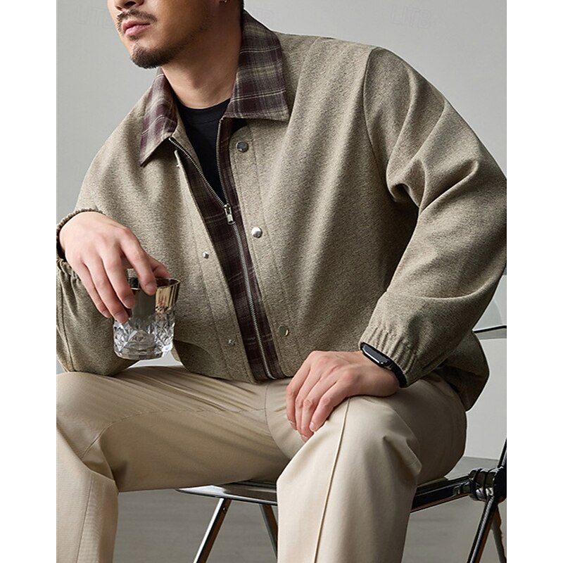 Men's Jacket Casual Jacket Vacation Daily Warm Pocket 2 in 1 Fall Winter Plaid Fashion Classic Lapel Regular Black Khaki Jacket4