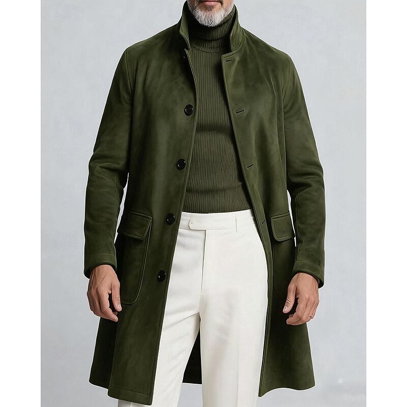 Men's Overcoat Trench Coat Long Trench Coat Vacation Daily Fall Winter Faux Suede Windproof Warm Outerwear Clothing Apparel Fashion Classic Plain Pocket Stand Collar Single Breasted2