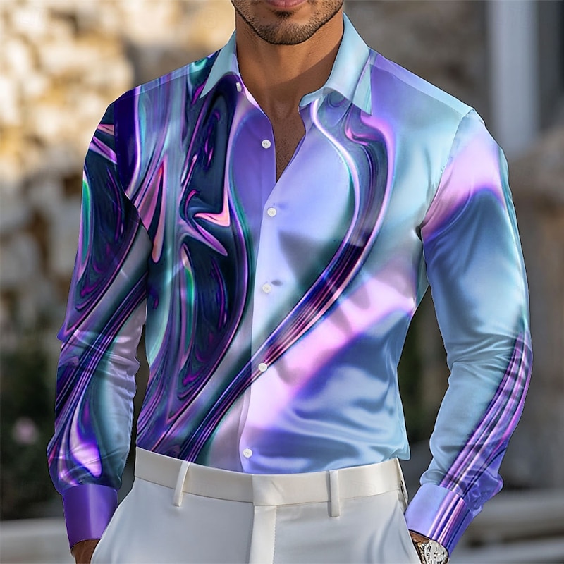 Men's Geometric Gradient Color Abstract Art Shirt Satin Shirt Dress Shirt Long Sleeve Fashion Casual Vacation Dailywear Summer Spring Fall Turndown 3D Print Button Up Shirts Blue Pink / Purple Purple3