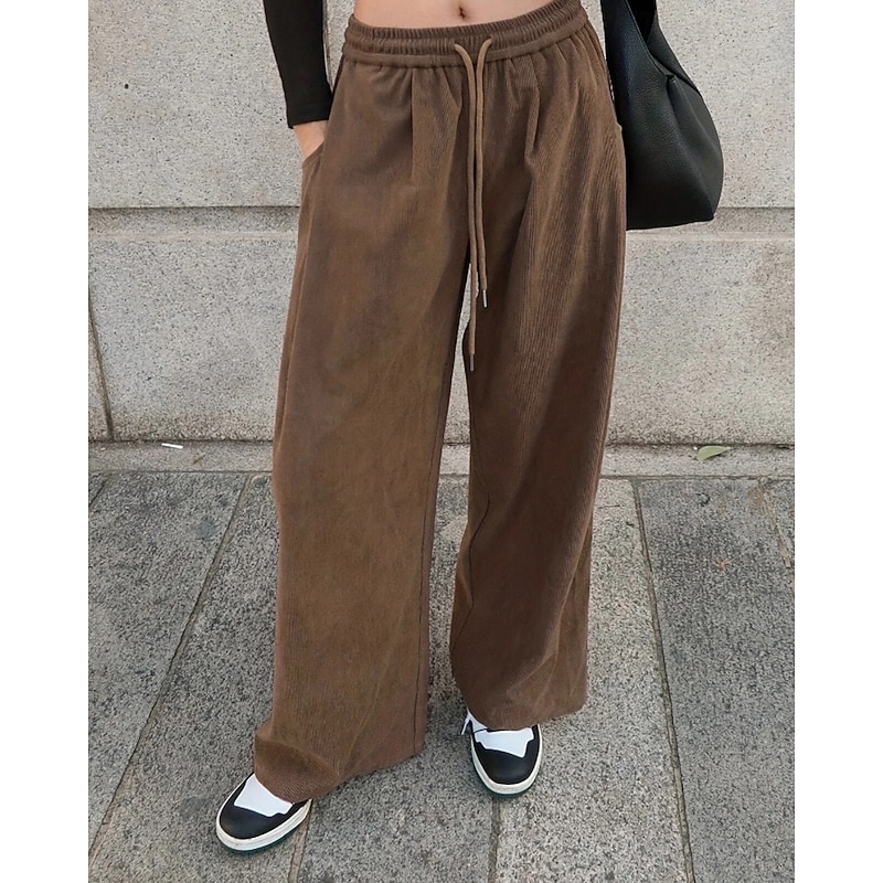 Women's Culottes Wide Leg Chinos Streetwear Casual Full Length Medium Waist Plain Drawstring Pocket Comfortable Micro-elastic Outdoor Vacation Street Brown Fall Winter Loose Fit