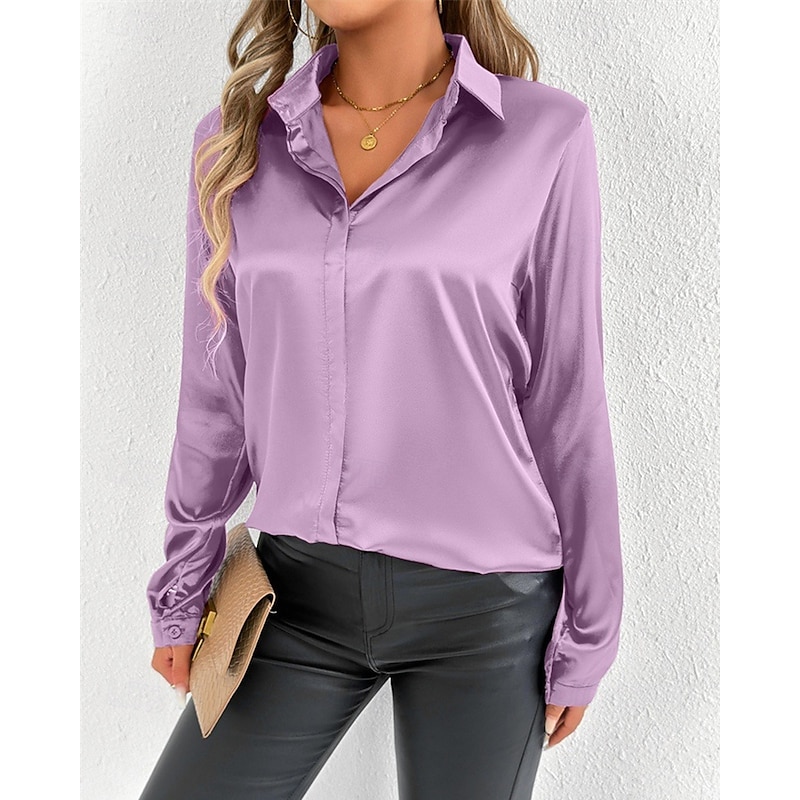 Women's Shirt Elegant Dressy Satin Solid Color Stylish Casual Long Sleeve Shirt Collar Regular Tops Daily Going out Buttons Pink Purple Green Spring Fall3