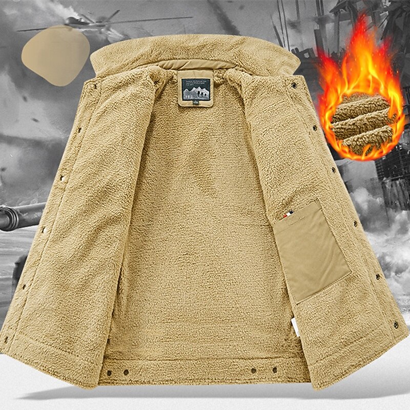 Men's Winter Jacket Fleece Jacket Cargo Jacket Casual Jacket Vacation Daily Thermal Warm Pocket Fleece Fall Winter Plain Fashion Streetwear Lapel Regular Khaki Army Green Dark Blue Jacket2