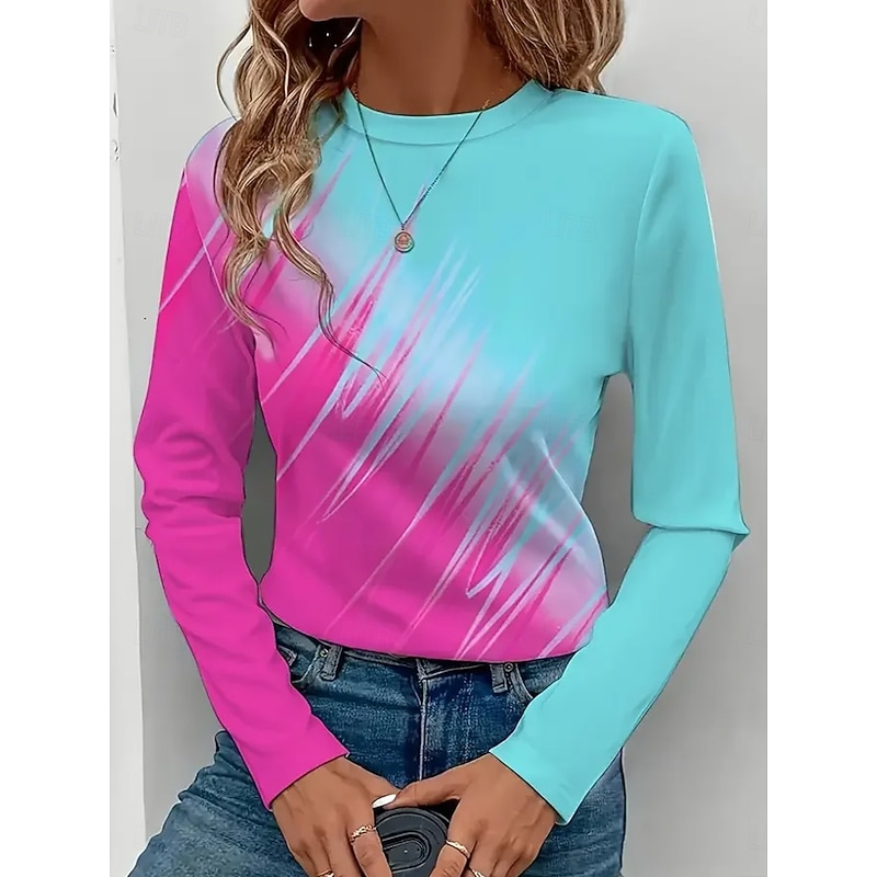Women's T Shirt Graphic Geometric Vintage Stylish Modern Long Sleeve Crew Neck Regular Tops Daily Print Pink Royal Blue Blue Orange Green Spring Fall Winter2