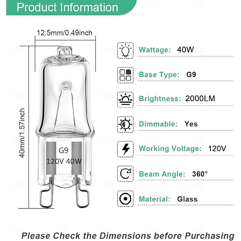 G9 Halogen Light Bulbs 2 Pin Base JC Type 120V T4 Bi-Pin 40W Xenon Small Light Bulb for Chandeliers Pendants Cabinet Lights Warm White 2700K Dimmable2