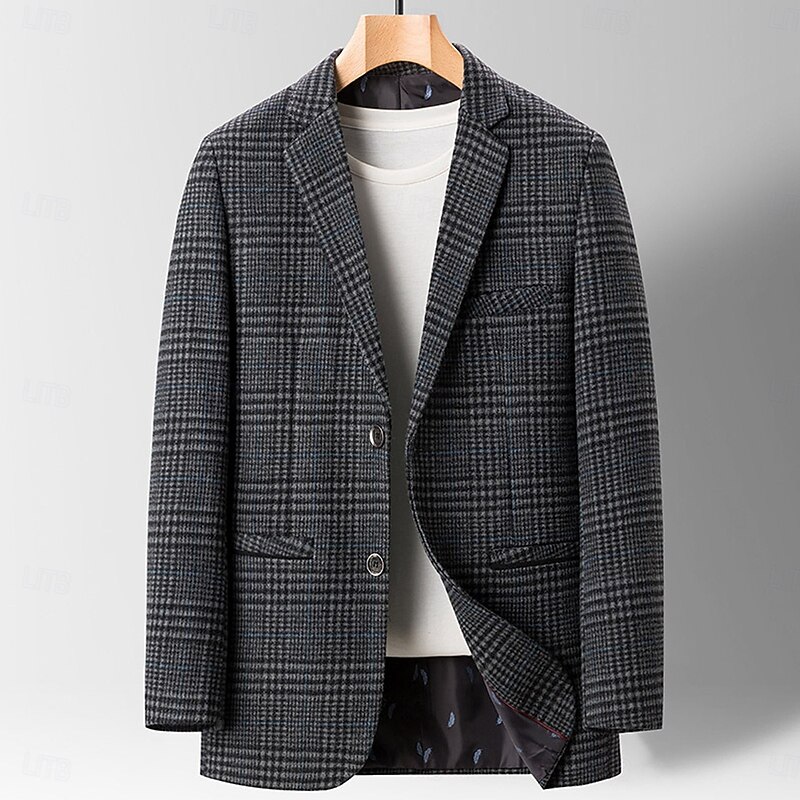 Men Blazer Jacket Daily Classic Fall & Winter Polyester Plaid Single Breasted Two-button Blazer khaki Dark Grey Dark Blue