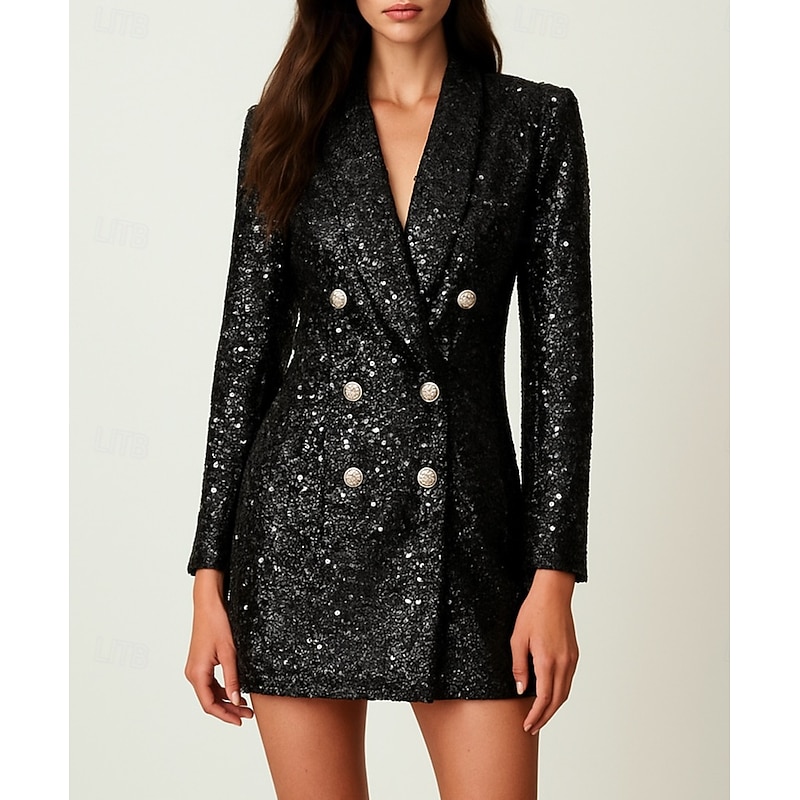 Women's Blazer Sport Coat Formal Wedding Party Sequined Elegant Sparkle Long Sleeve Shawl Lapel Double Breasted2