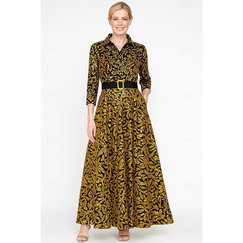 A-Line Mother of the Bride Dress Elegant Bateau Neck Floor Length Sequined Long Sleeve with Lace Sash / Ribbon