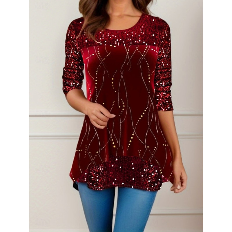Christmas Women's Blouse Floral Elegant Stylish Casual Long Sleeve Crew Neck Regular Tops Daily Sequins Patchwork Print Silver Wine Purple Fuchsia Gold Spring Fall Winter