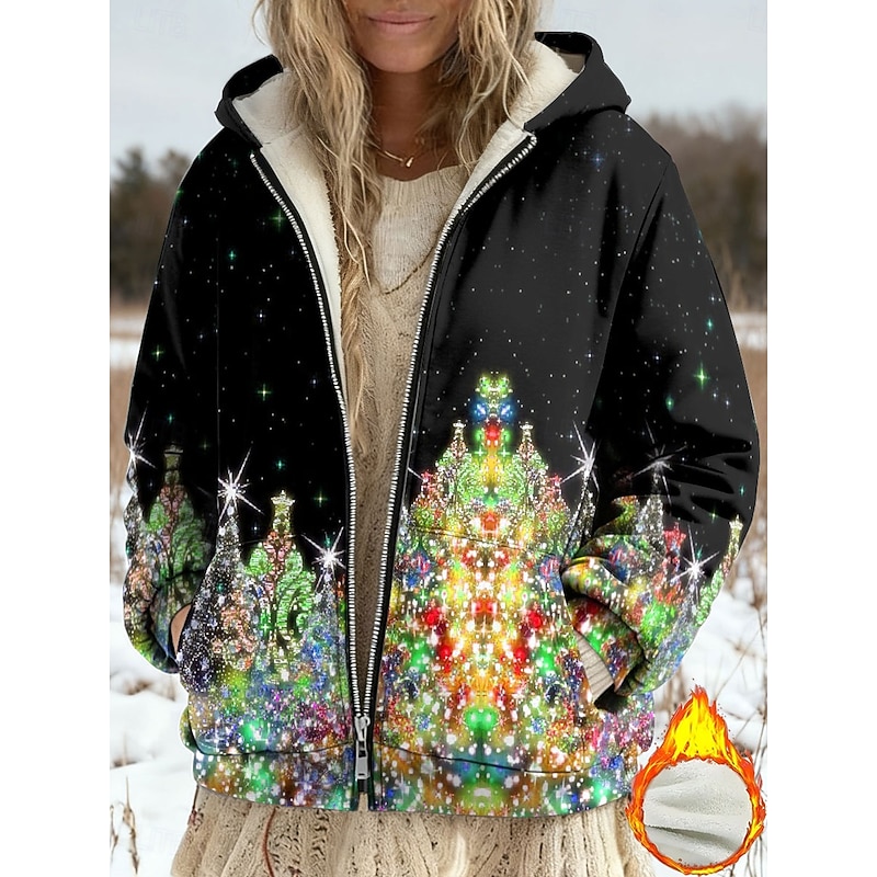 Women's Winter Coat Fleece Jacket Casual Jacket Warm Zipper Pocket Print Fashion Casual Christmas Street Casual Regular Hooded Regular Fit Long Sleeve Outerwear Blue Purple Green Spring Fall2