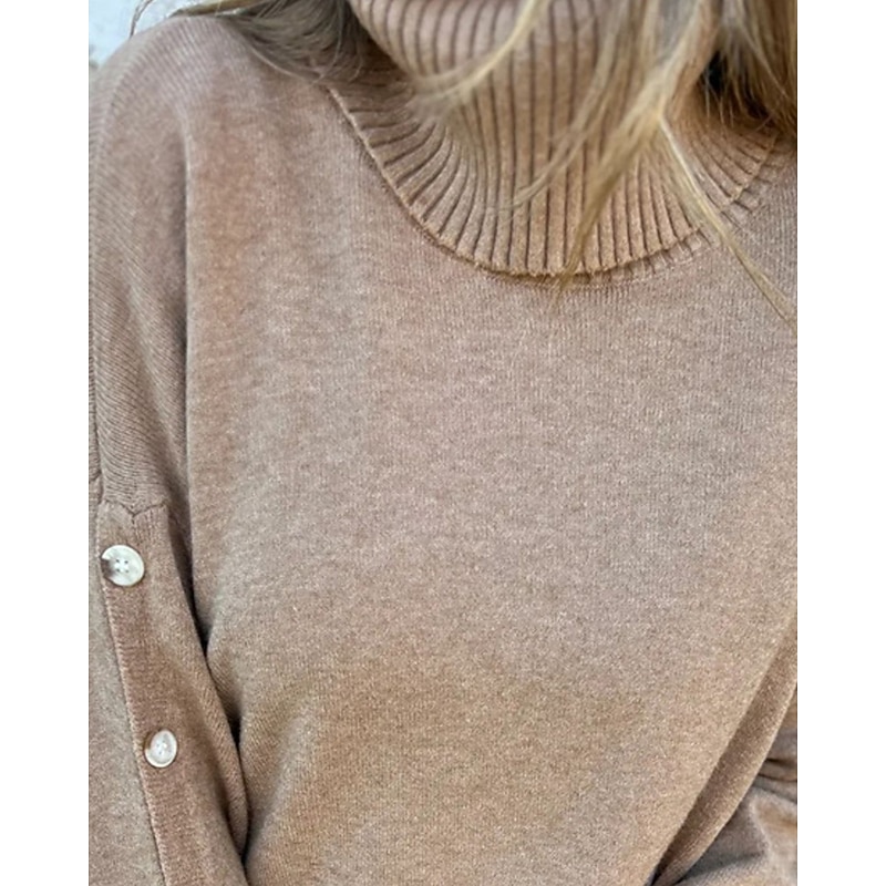 Women's Sweater Fashion Streetwear Casual Pure Color Ribbed Turtleneck Buttons Knitted Long Sleeve Regular Tops Knit Outdoor Daily Weekend Khaki Fall Winter2