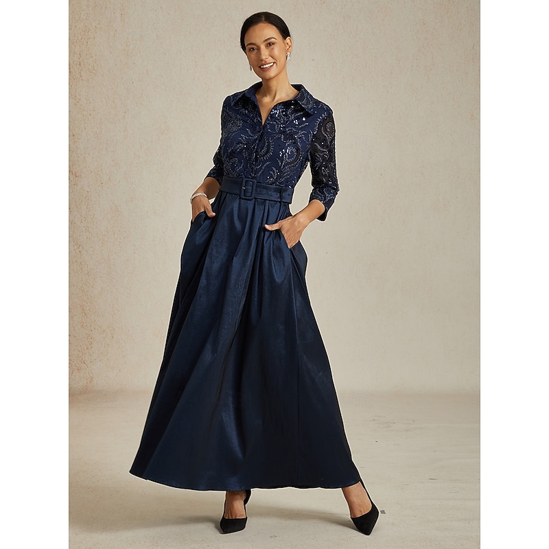Women's Maxi Dress A Line Dress Fit And Flare Dress Elegant Party Formal Evening Party Paisley 3/4 Length Sleeve Shirt Collar Navy Blue Fall Winter