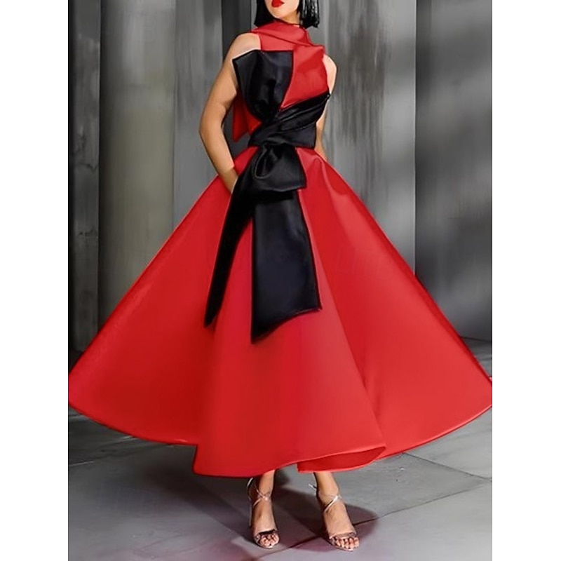 Gold Black A-Line Cocktail Dresses Elegant Dress Formal Wedding Ankle Length Sleeveless Crew Neck Pocket Satin with Bow(s) Beading3