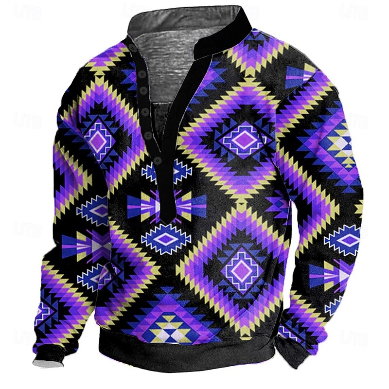 Men's Aztec Sweatshirt Ethnic 3D High Neck Gift Travel Streetwear Yellow Blue Button Front Fall Winter Designer4
