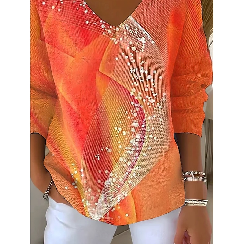 Women's Sweater Casual Soft Graphic Geometric Abstract Ribbed V Neck Knitted Print Long Sleeve Regular Tops Knit Outdoor Daily Weekend Orange Fall Winter3