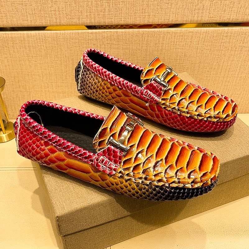 Men's Red and Orange Snake Print Loafers – Exotic Pattern Slip-On Party Shoes for Formal Events, Weddings and Nightlife