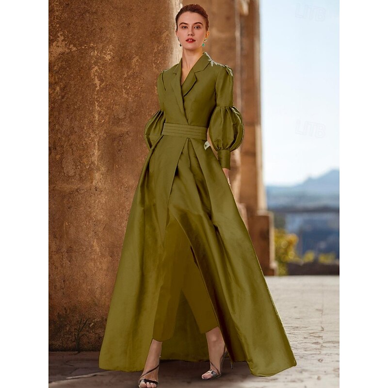 Jumpsuit Mother of the Bride  Wedding Guest Elegant V Neck Floor Length  Long Sleeve with Ruching Solid Color